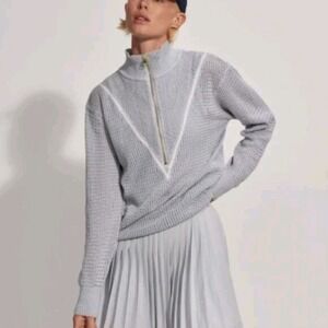 Varley Calva Knit Long Sleeve 1/2 Zip Polo Cotton Sweater Pearl Blue Size Small